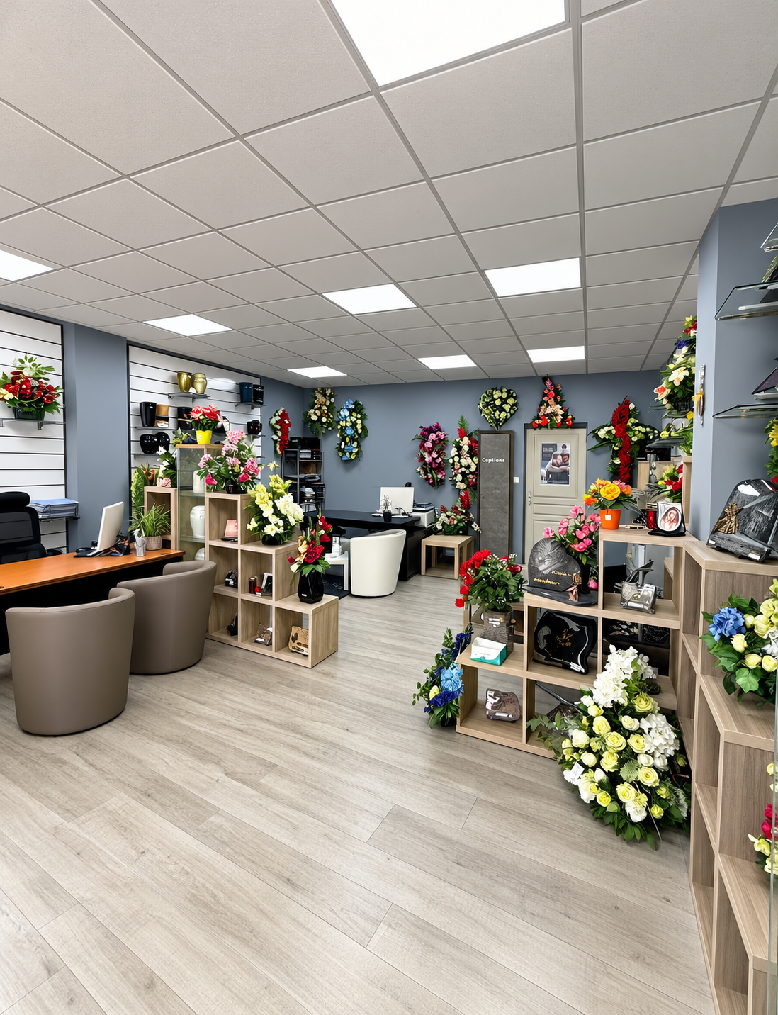 Showroom Pompes Funèbres AIK avec fleurs et articles funéraires