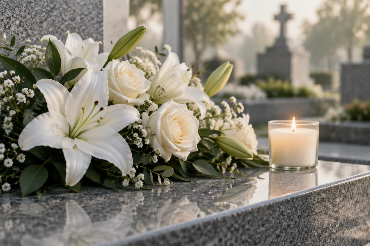 Fleurs blanches et bougie posées sur un monument en granit gris