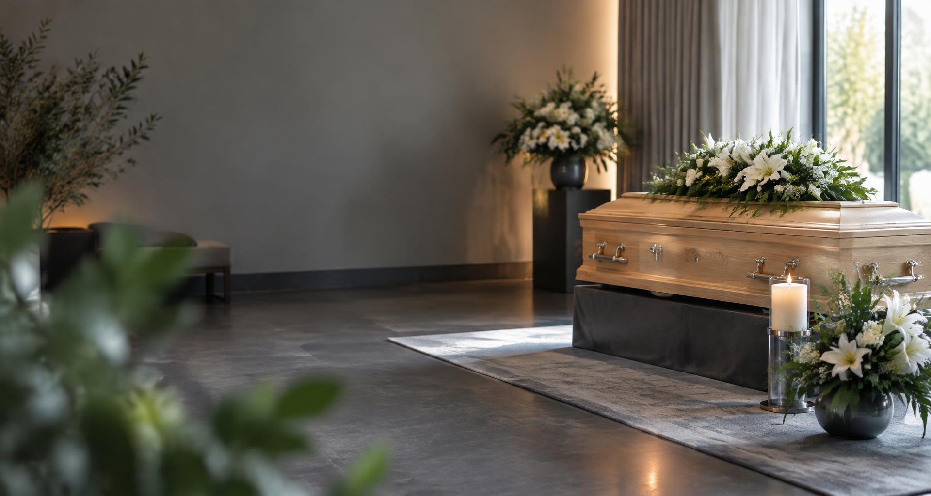 Salon funéraire sobre avec cercueil en bois clair, fleurs blanches et bougie