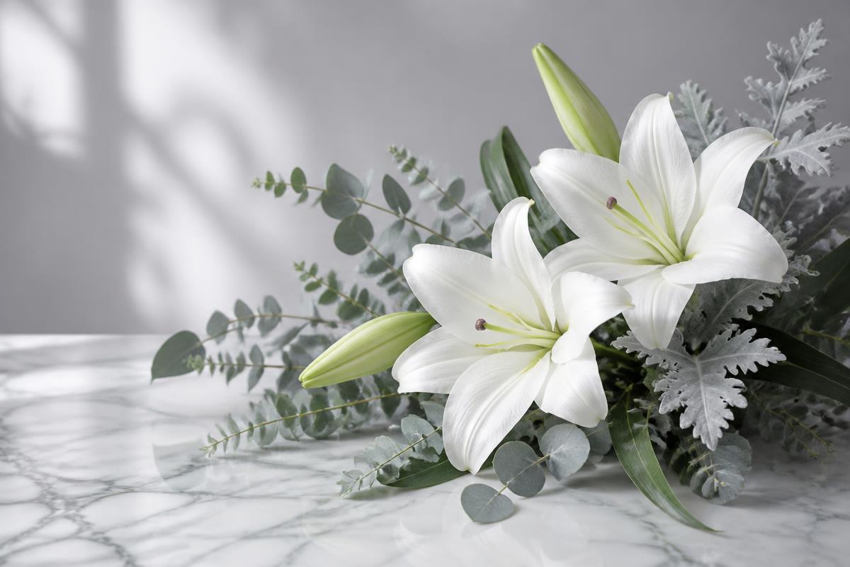Composition florale sobre avec lys blancs